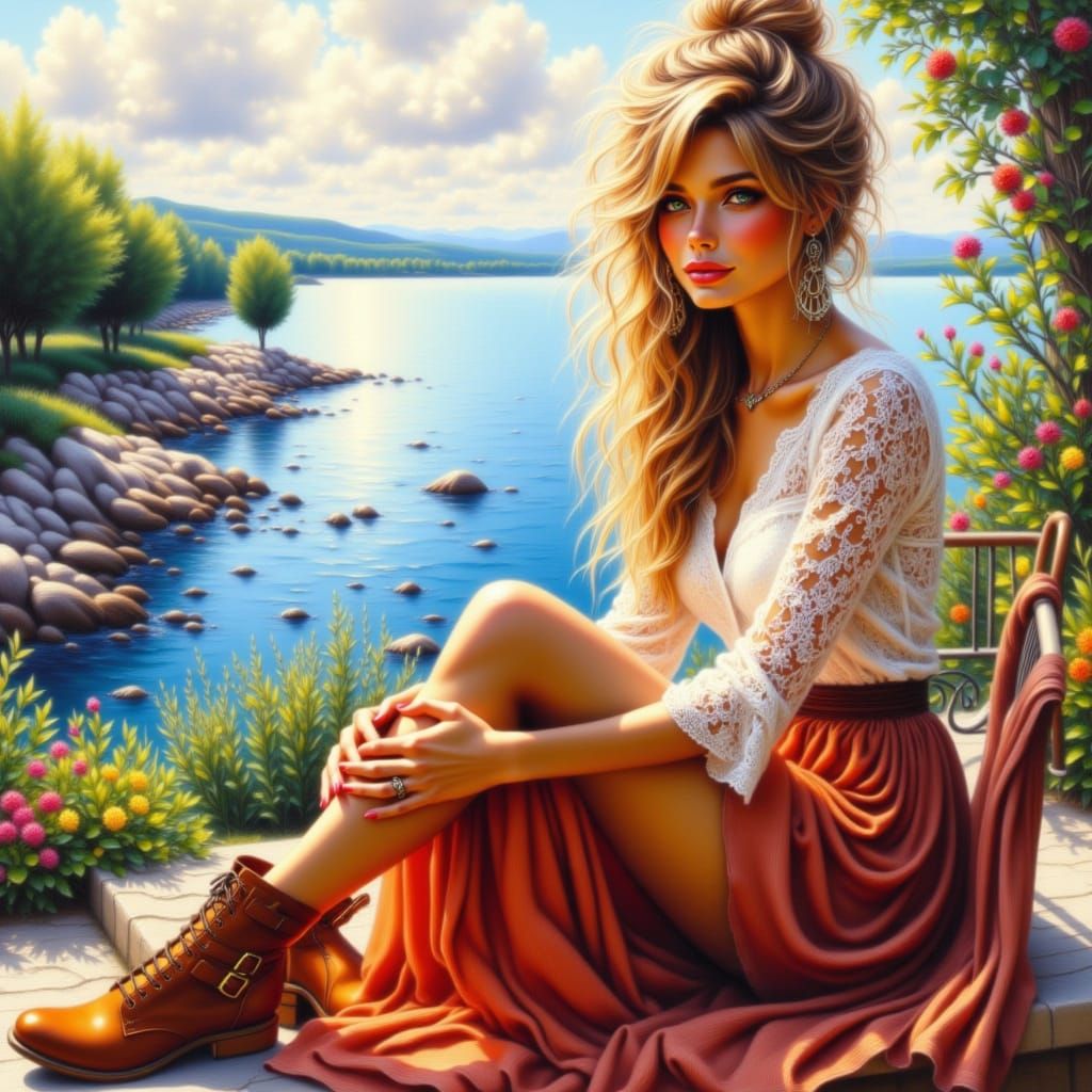 Woman on Terrace Overlooking Sea in Impressionistic Oil Styl...