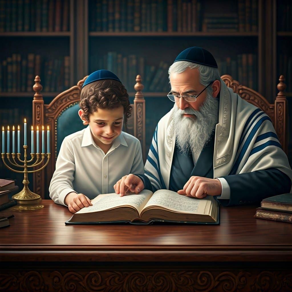 Orthodox Jewish Boy and Man Studying Talmud