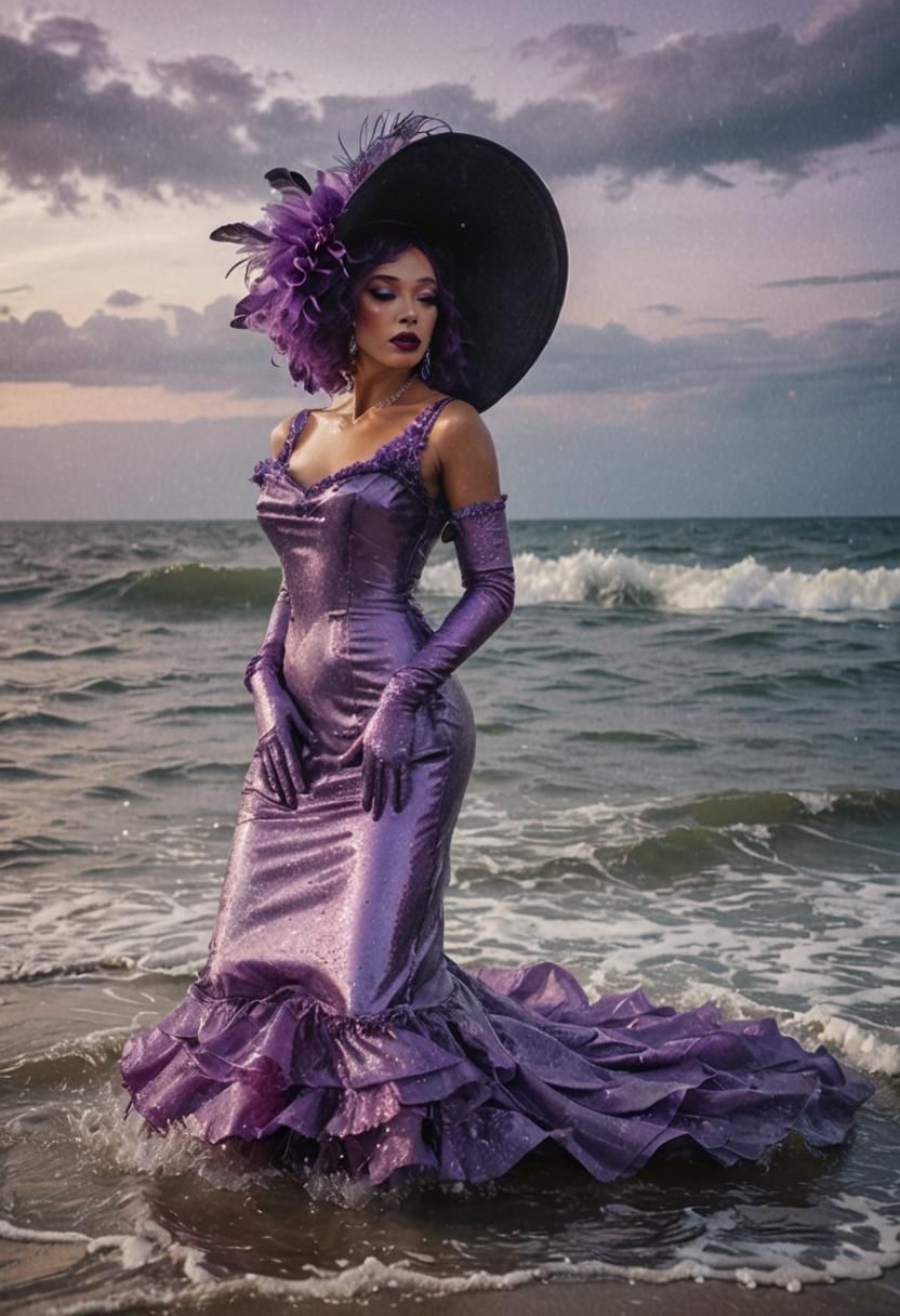 Glamorous Woman with Purple Hair in the Sea
