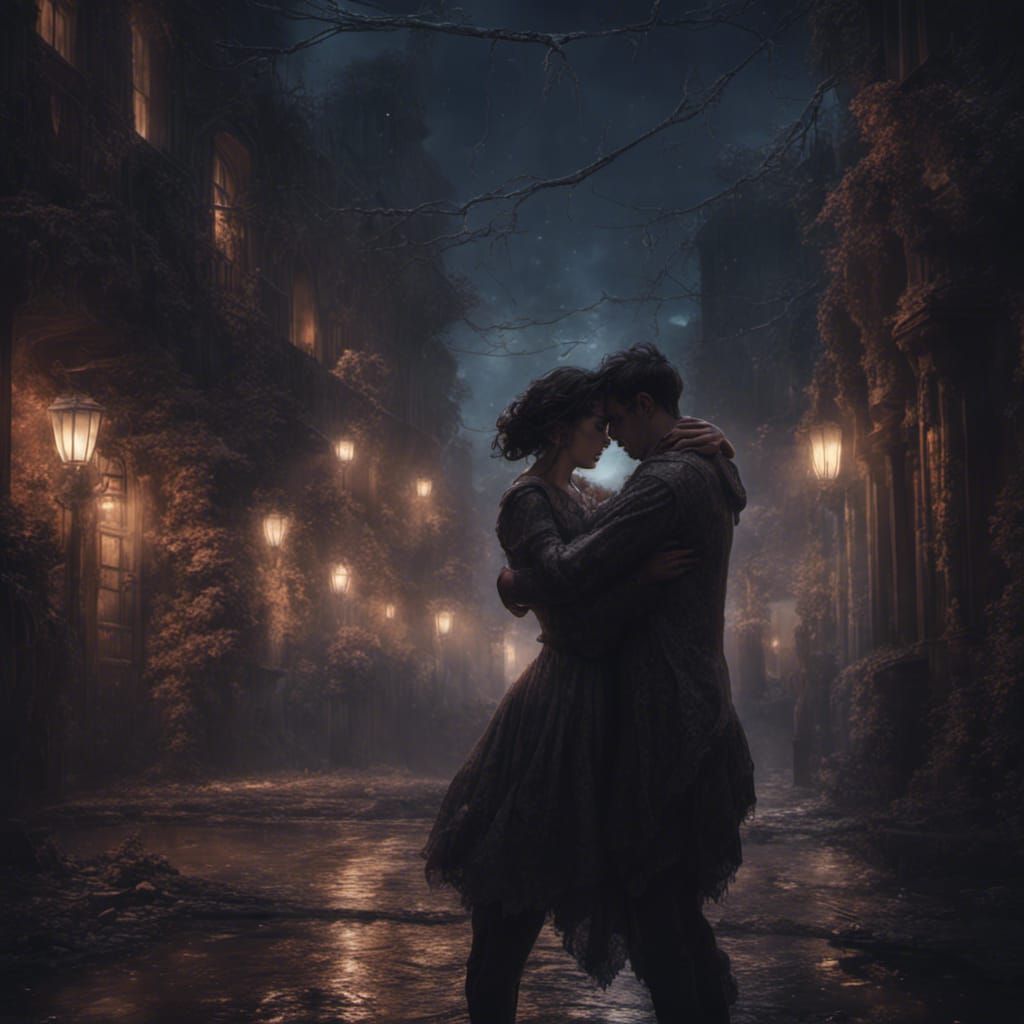 Romantic Embrace at Night: A Dark Fantasy Artwork
