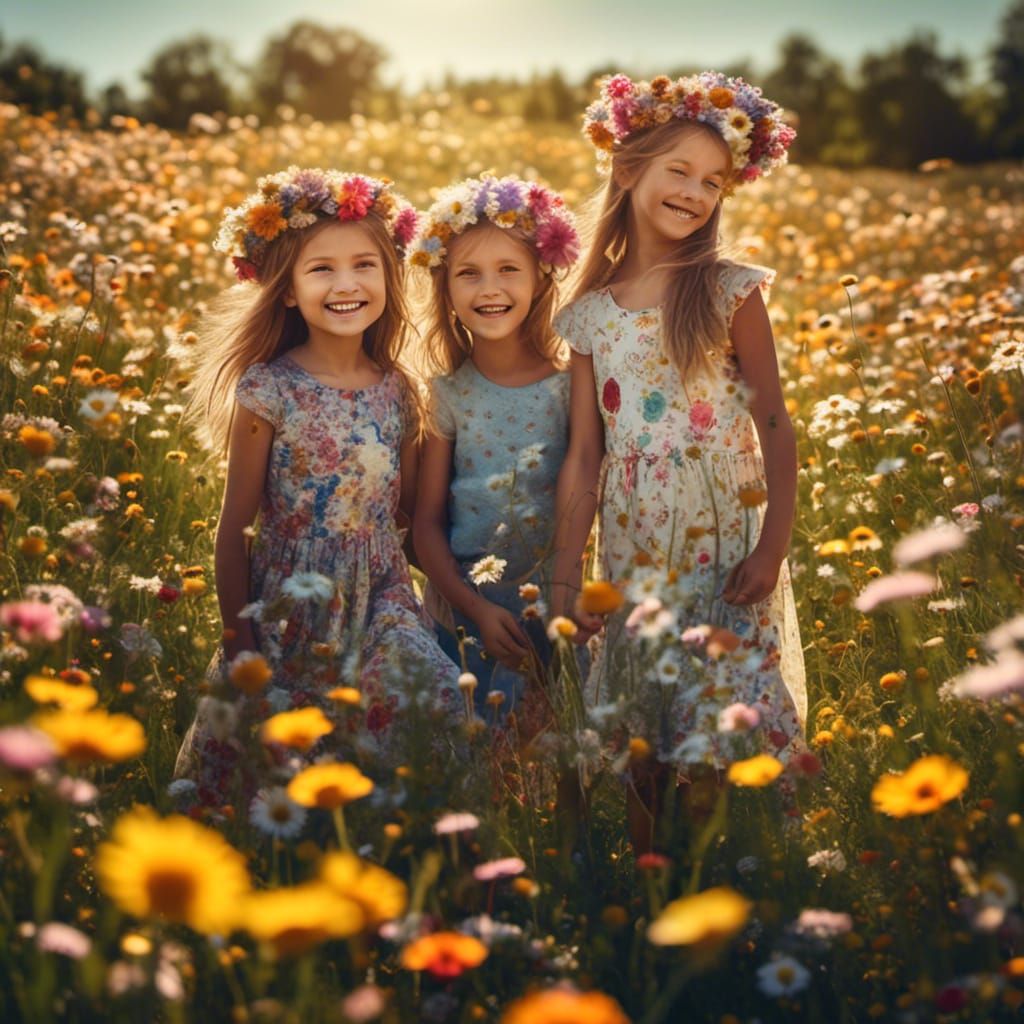 Happy Sisters Playing in Flower Field