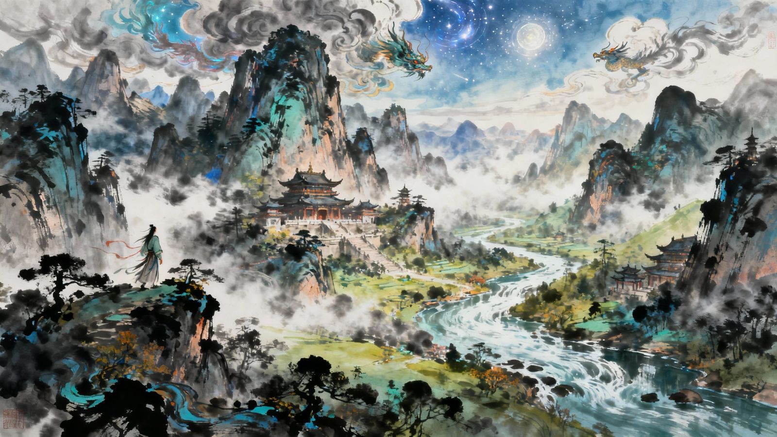 Breathtaking Vibrant Landscape in Traditional Chinese Ink Pa...