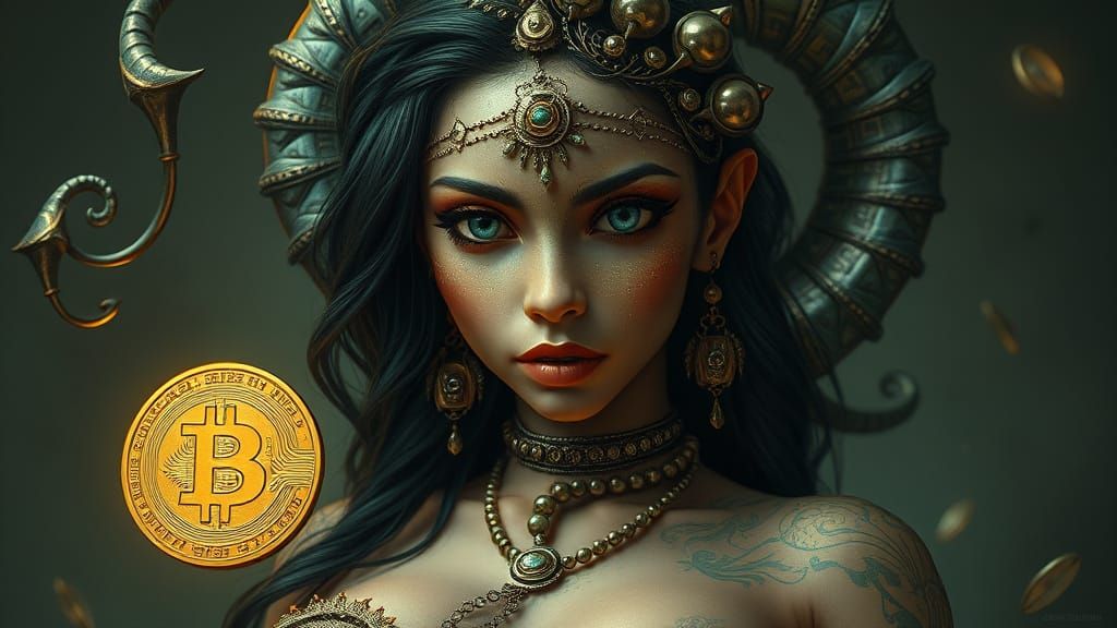Exotic Cyberpunk Goddess Embracing Bitcoin in Grotesque Biop...