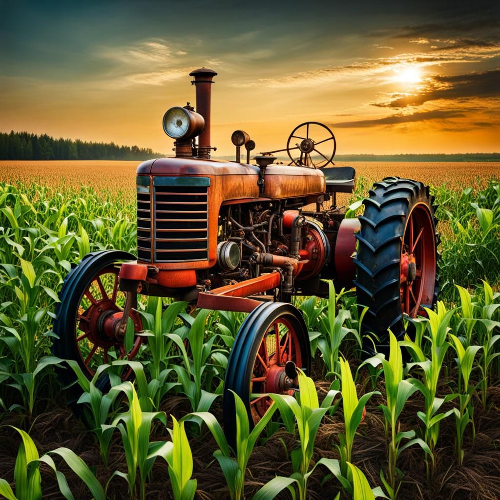 Steampunk Tractor in Cornfield