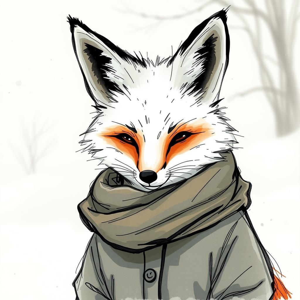 Fox in Winter Scarf: Mixed-Media Sketch
