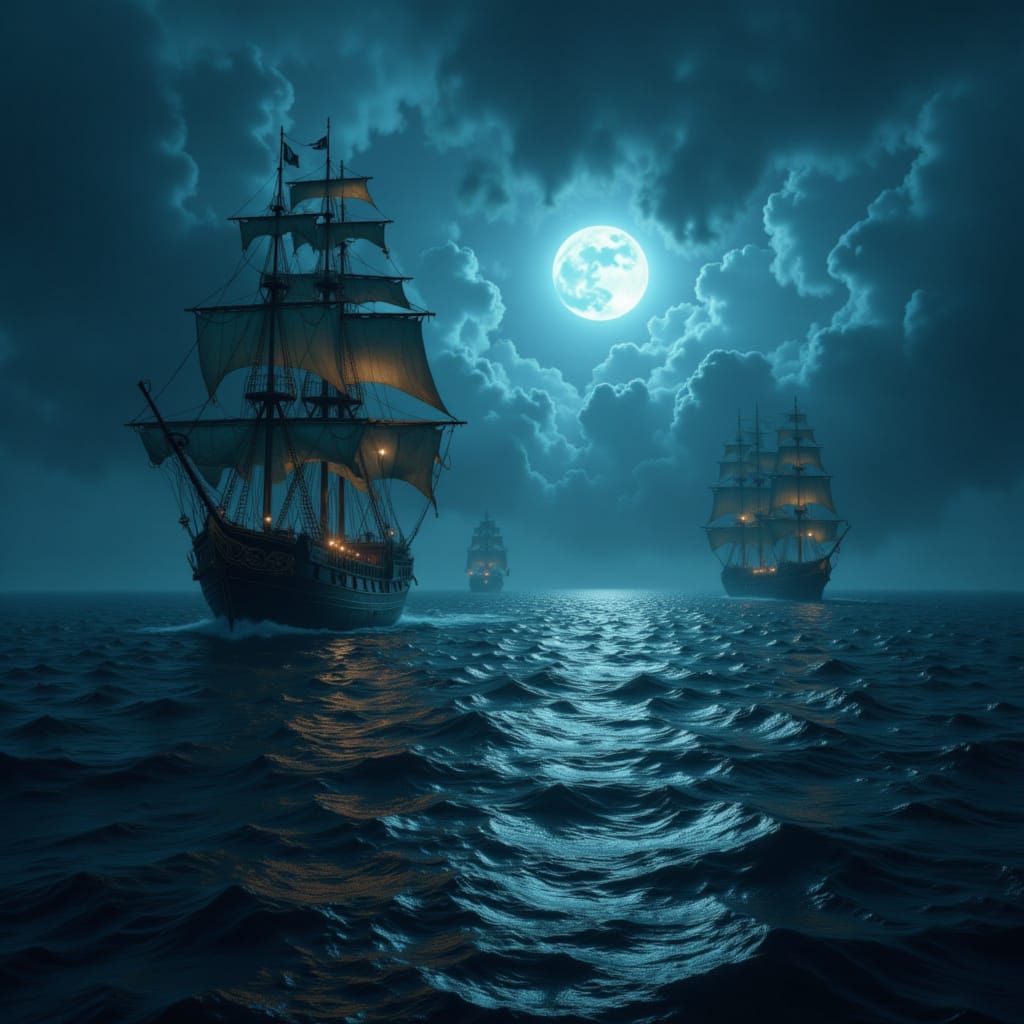 Misty Night Ocean Scene with Pirate Ships and Distant Dock