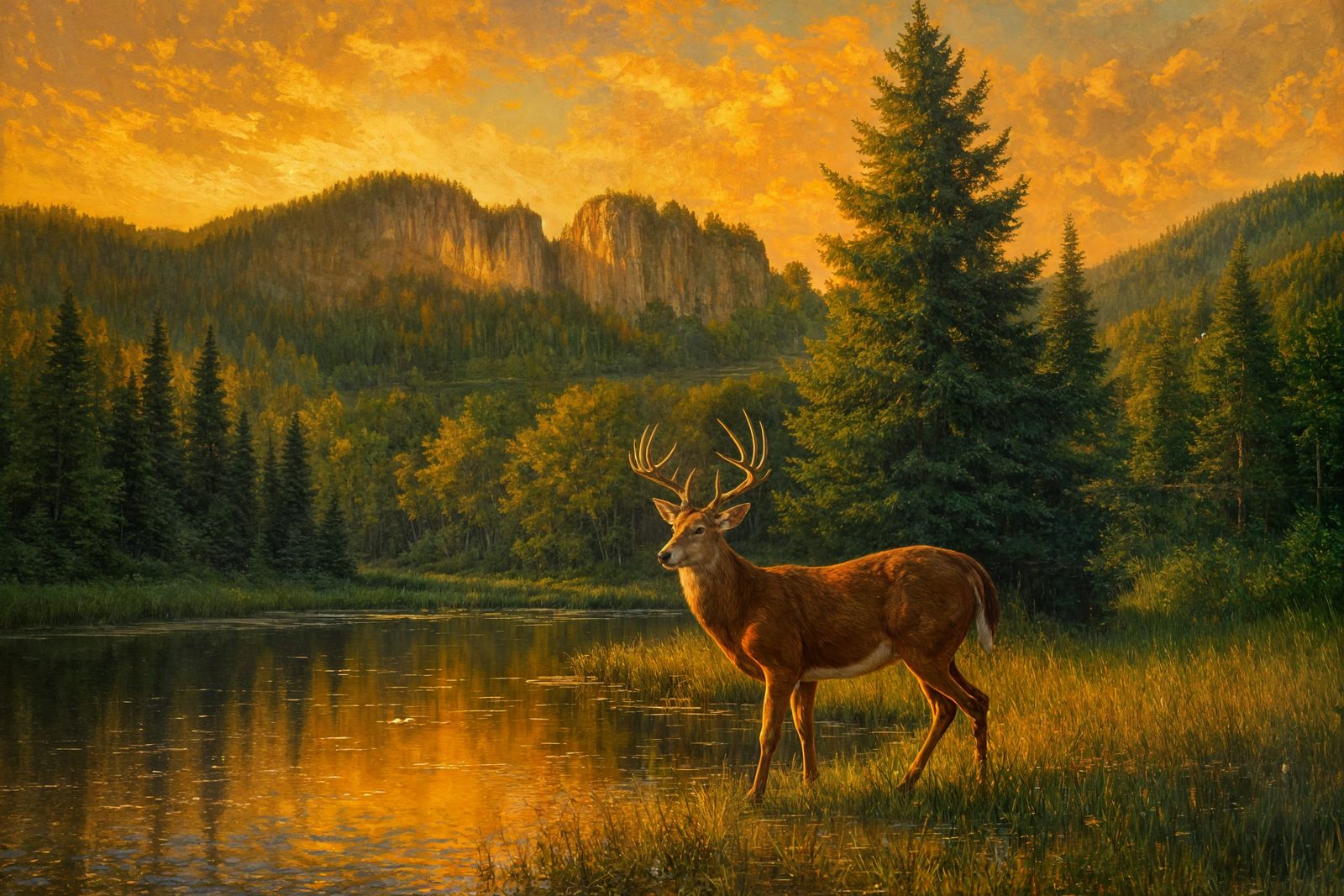 Whitetail Buck at Pond in Golden Hour Oil Painting