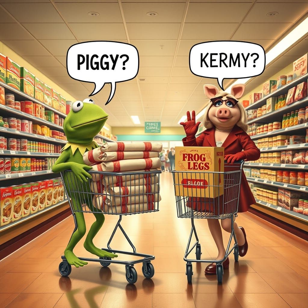 Kermit Caught Stealing Bacon in Retro Grocery Store