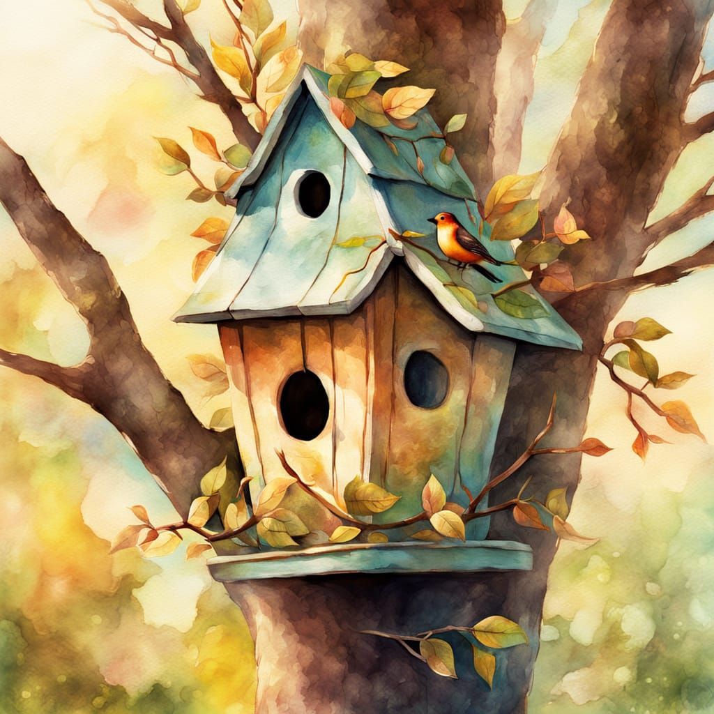 Whimsical Birdhouse Concept Art in Watercolor Style