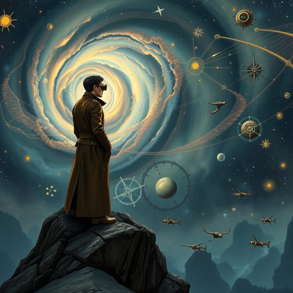 Steampunk Astronomer Overlooking Clockwork Nebula