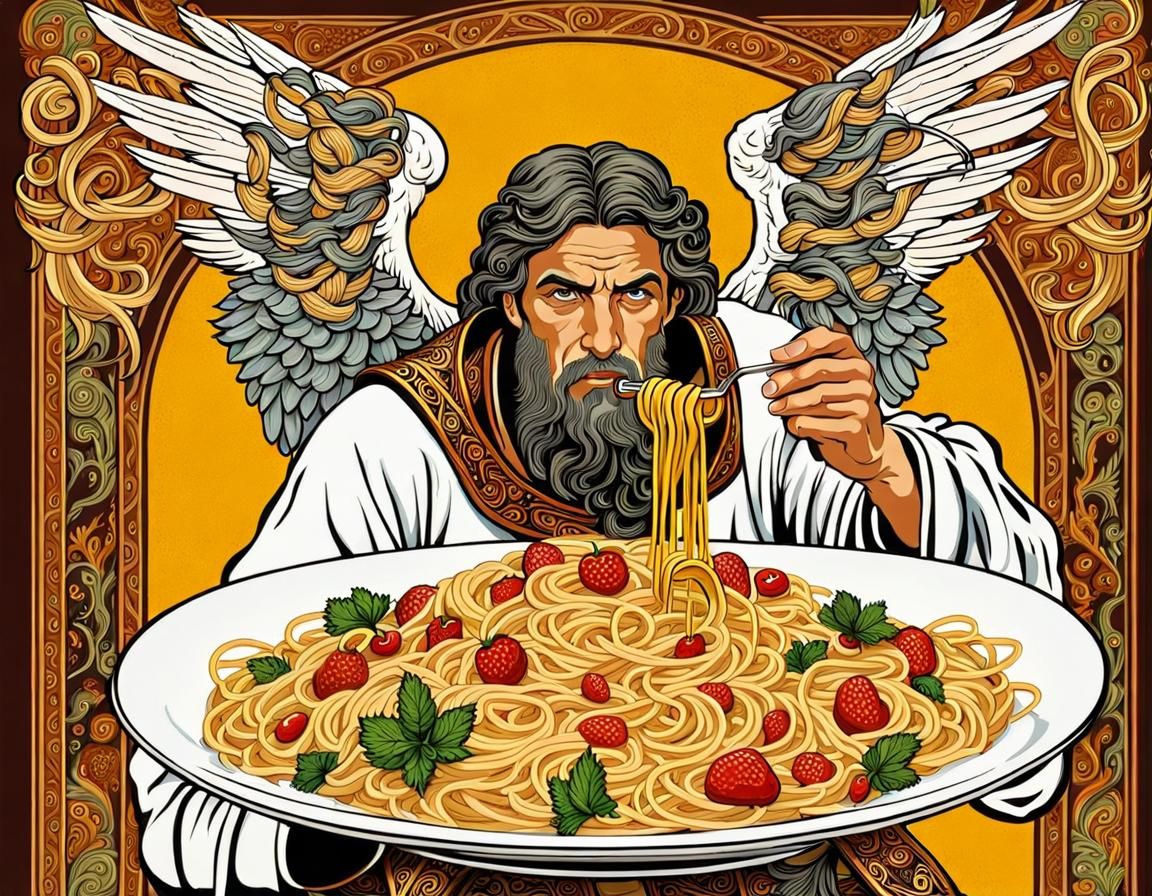 Biblical Angel's Spaghetti Carbonara: Klimt and Mucha Style