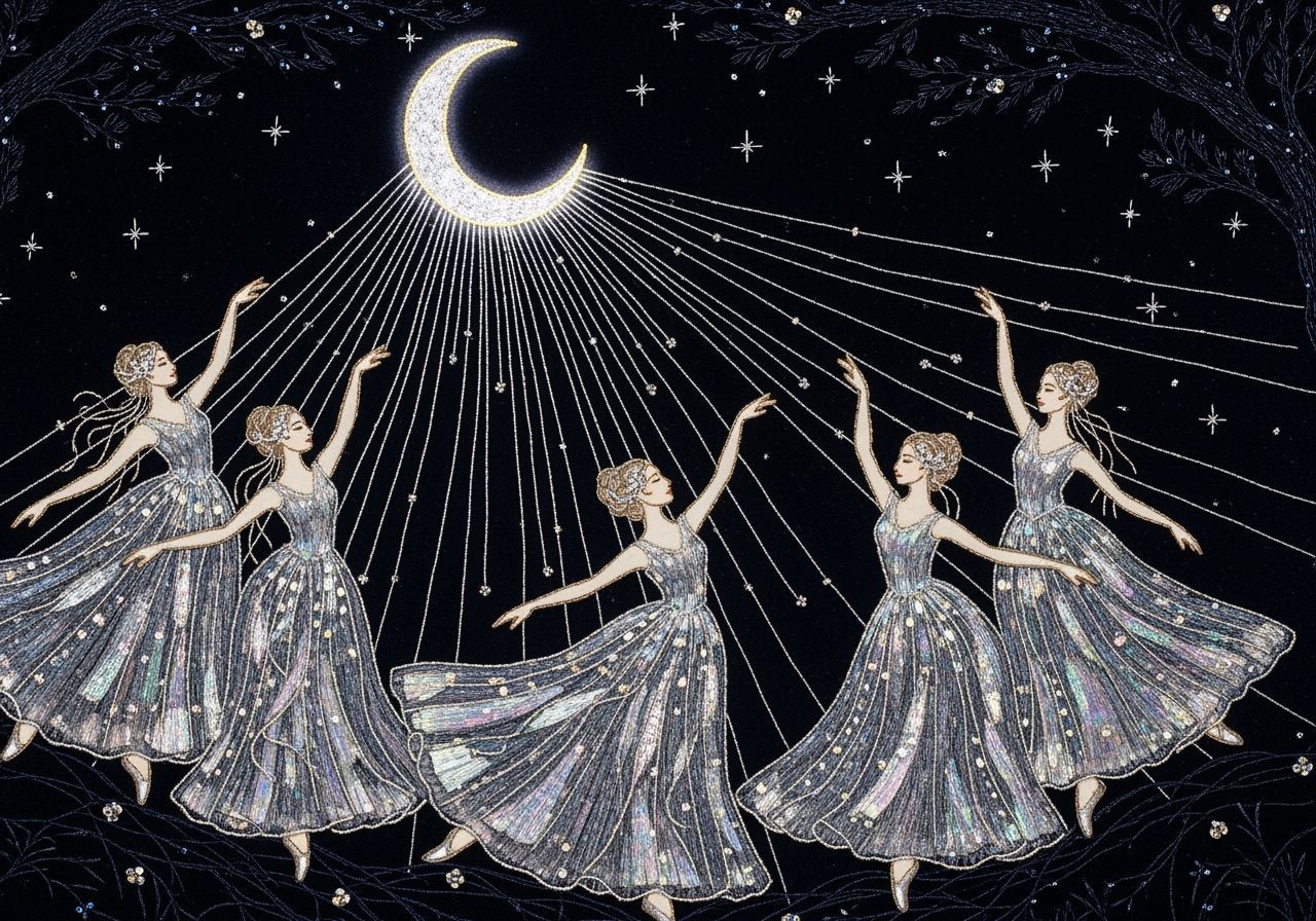 Ethereal Dancers Embroidered Under Moonlight
