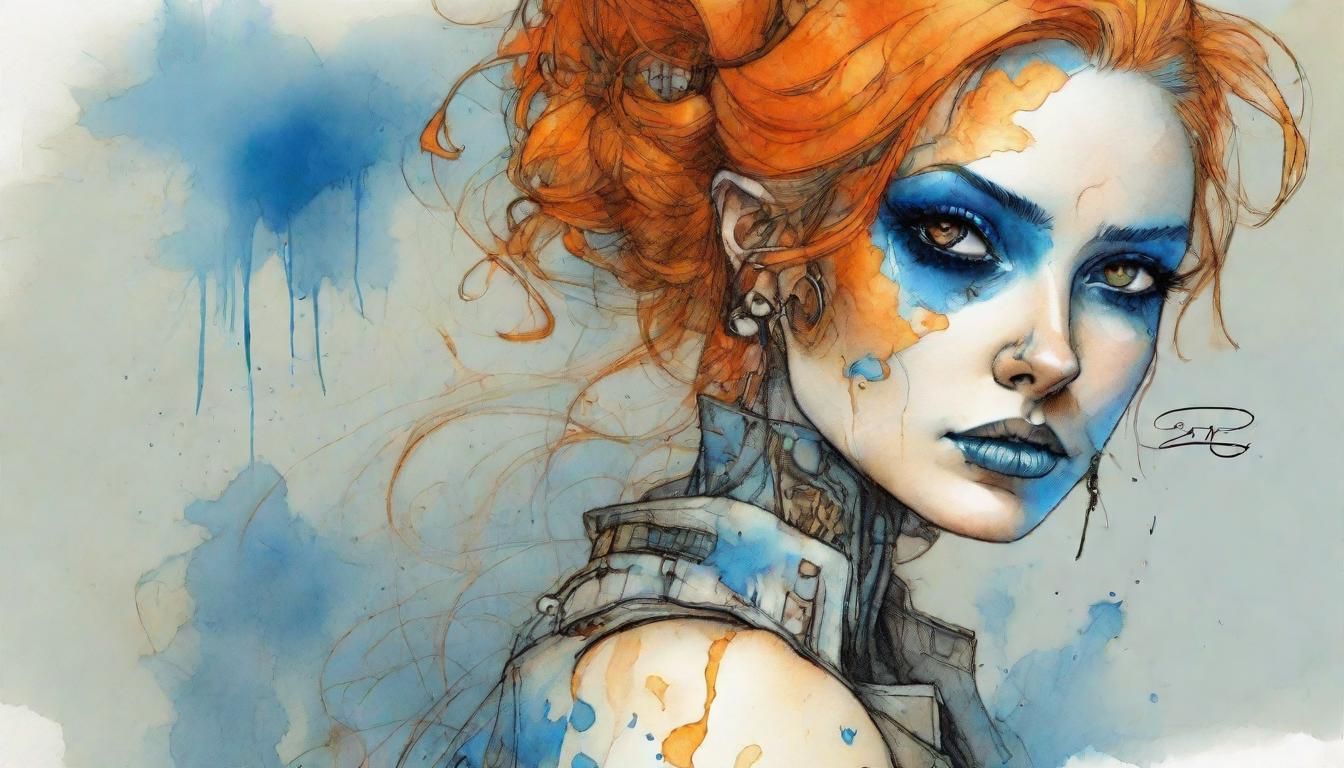 Golden Blue Girl in Steampunk Sci-Fi Watercolor