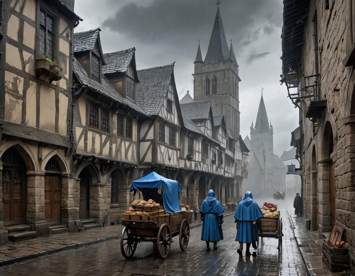 Rainy Medieval Gothic City Street Scene