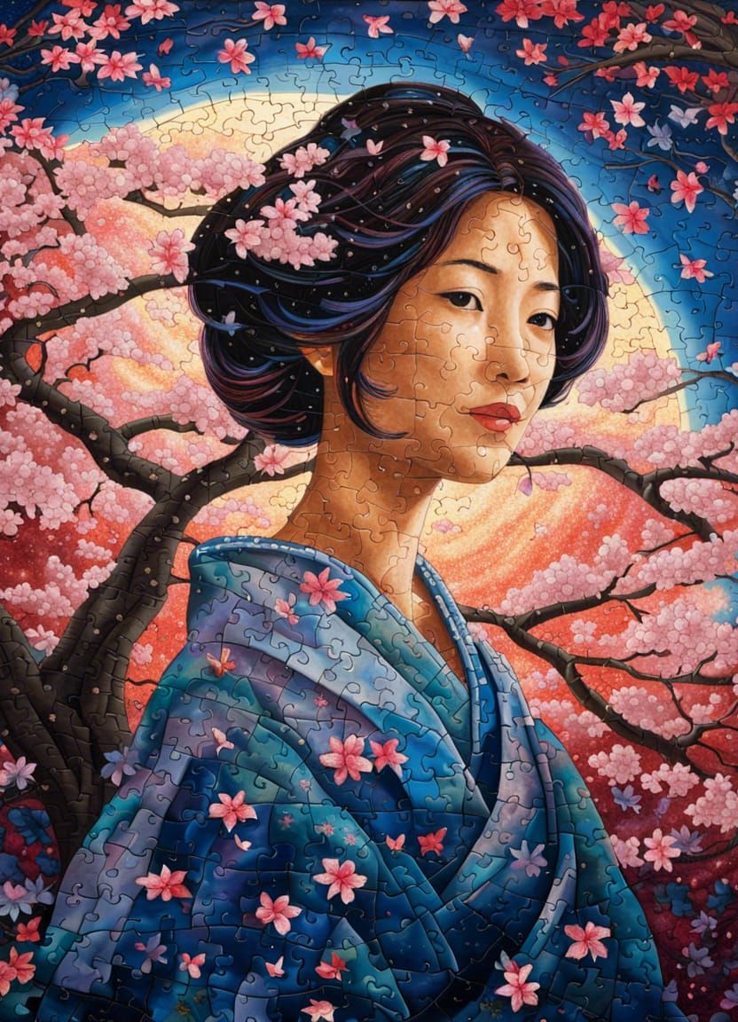 Japanese Woman Puzzle Art Under Sakura Tree