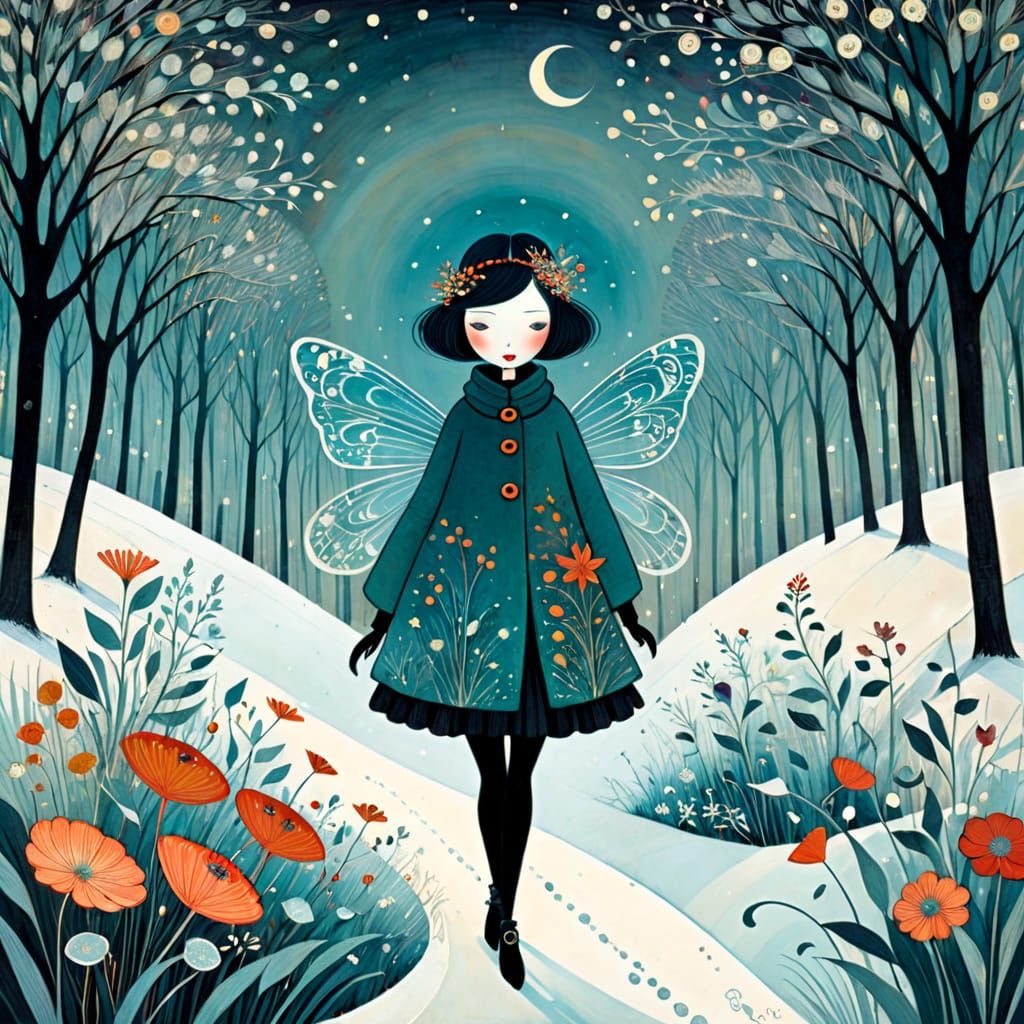 Whimsical Fairy in Frosty Floral Landscape
