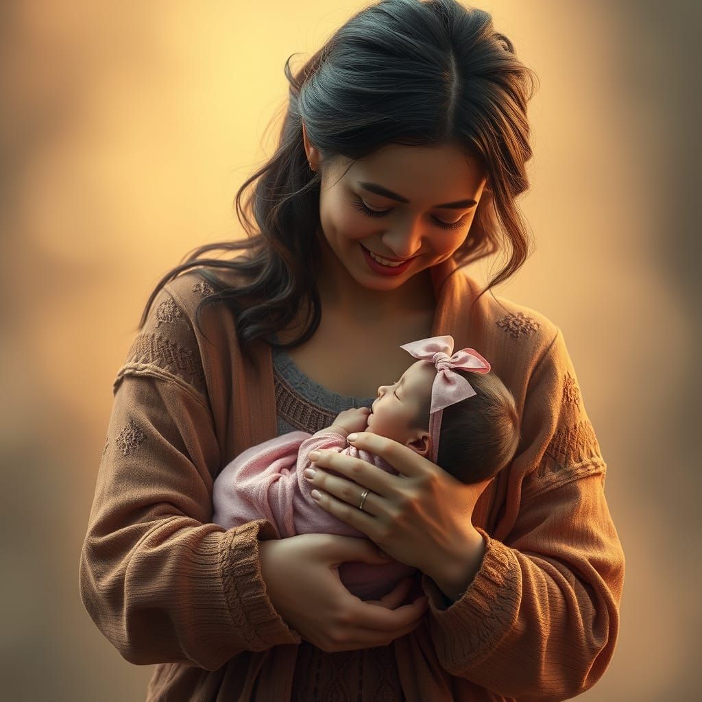Gentle Mother and Newborn in Dreamy, Fantastical Setting