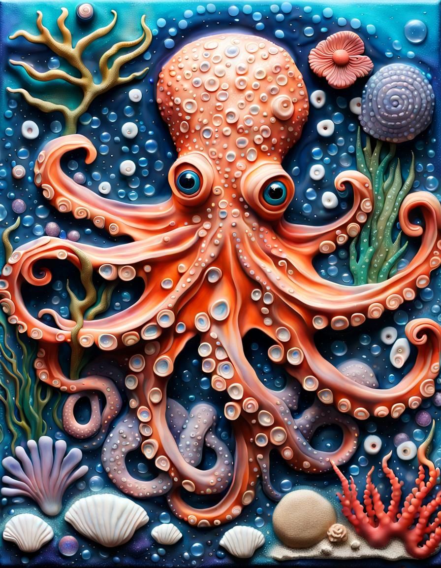 Intricate Mixed Media Octopus in Neo-Impressionist Style