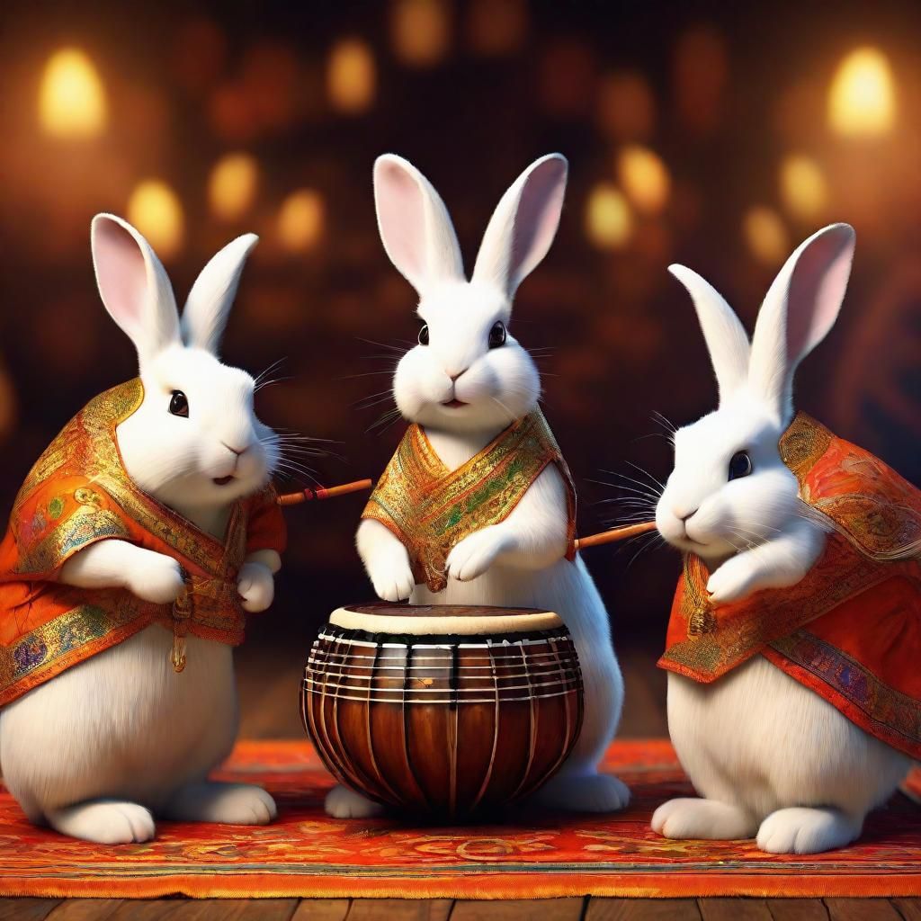 Funny Rabbits Playing Tabla in Indian Setting