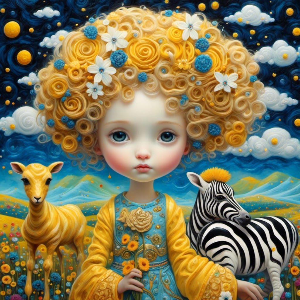 Mary and Lambs in Klimt-Inspired Landscape