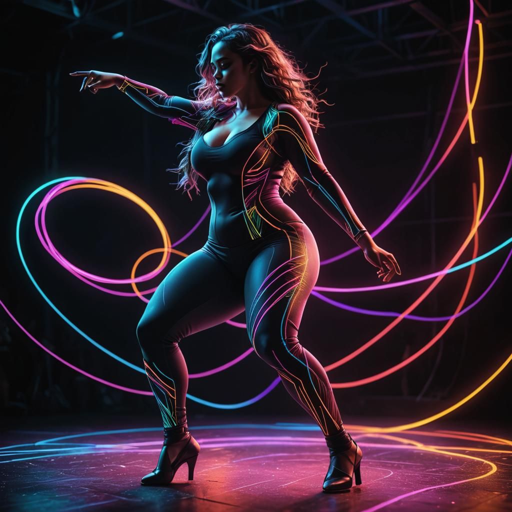 Neon Dancer on Dark Stage: Hyperrealistic Art Drawing