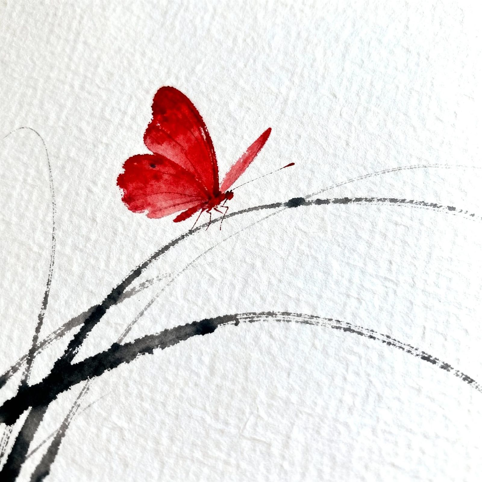 Red Butterfly Sumi-e Style Ink Drawing on Rice Paper