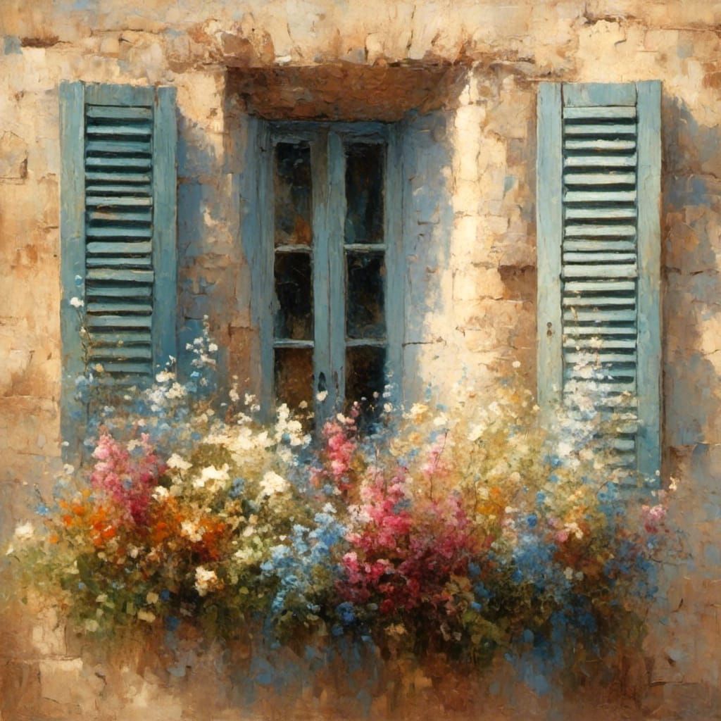 Floral Window with Open Shutters as Impressionist Painting