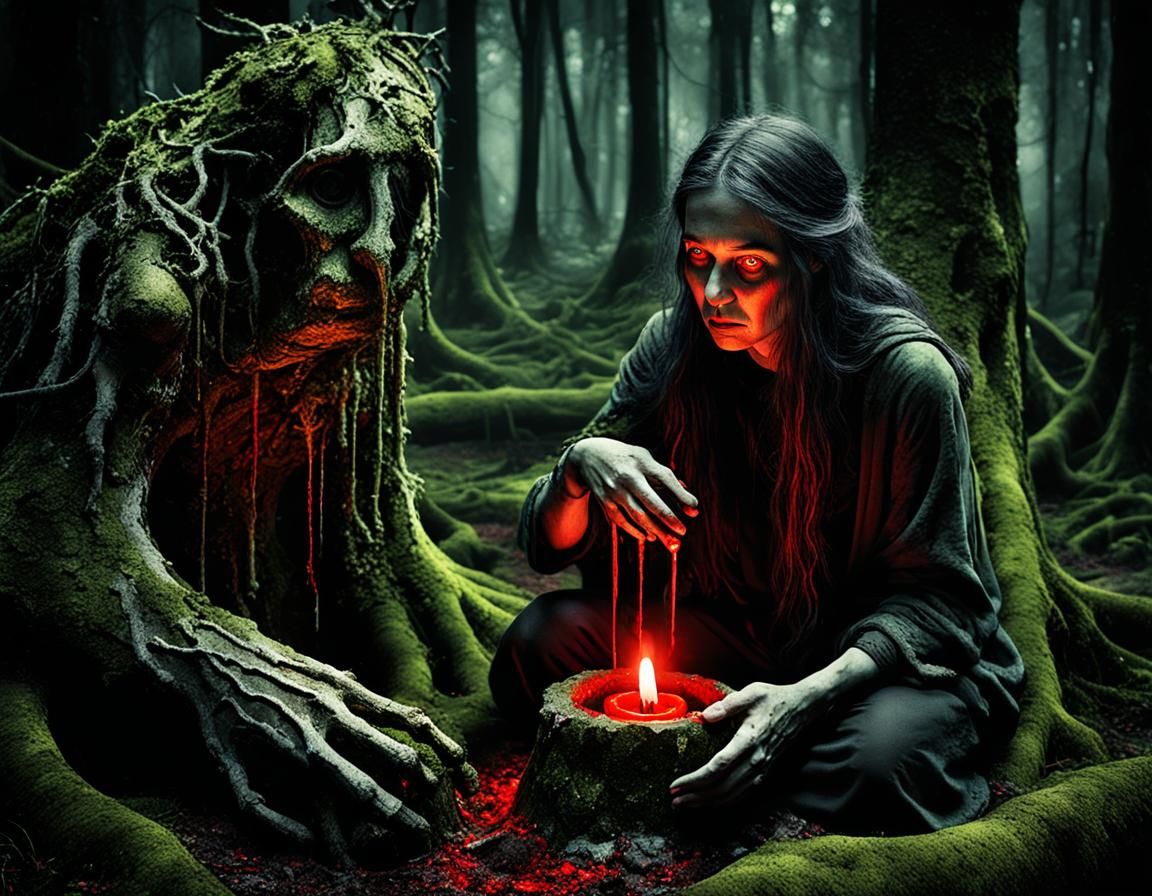 Mystical Forest Ritual at Mossy Well, Gothic Surrealism