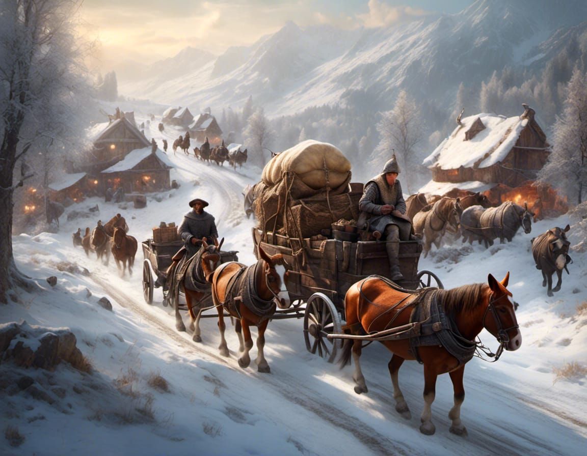 Medieval Wagons Caravan in Deep Snow, Hyperrealistic