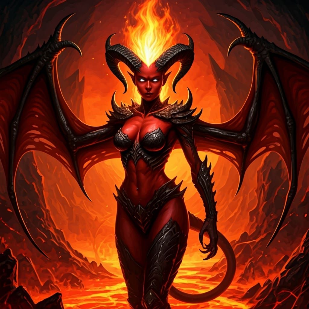 Red-Skinned Demoness with Flaming Hair