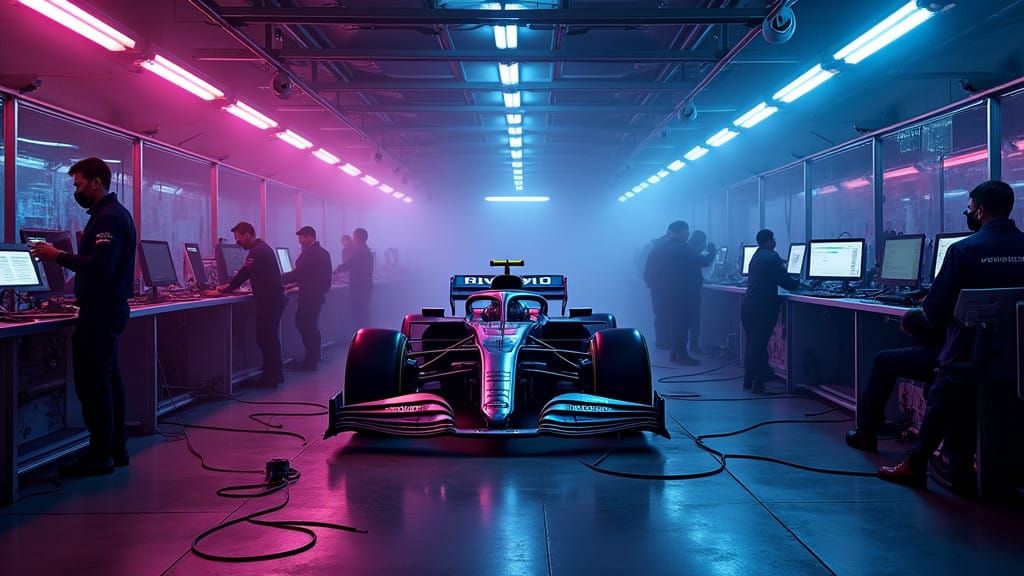 Formula 1 Pit Box Studio in Neon Hues with High-Tech Racing...