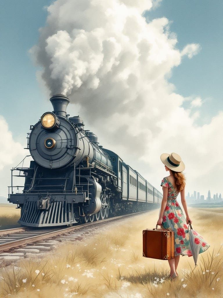 Steam Trains and Vintage Glamour in Whimsical Watercolor