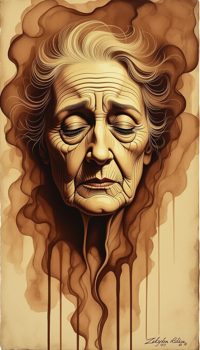 Melancholic Woman's Face Etching in Sepia Tones