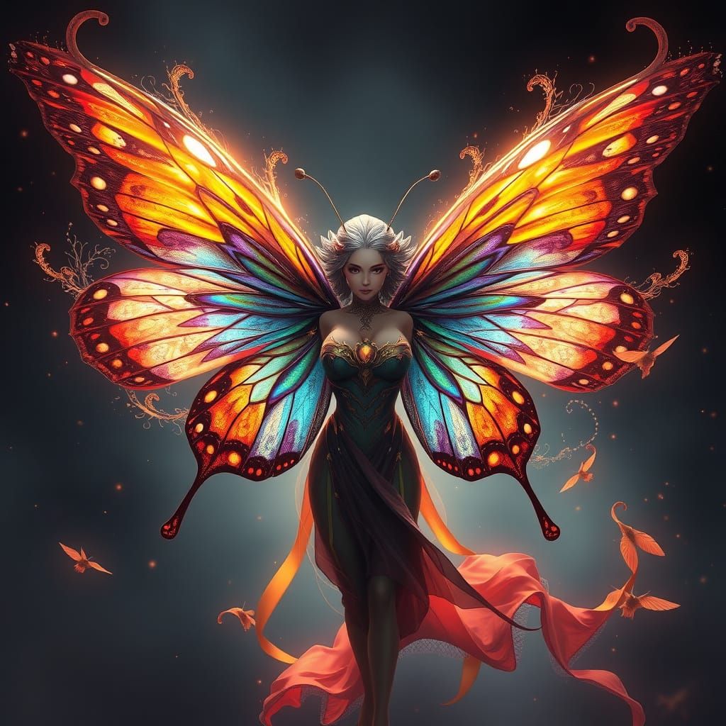 Ethereal Butterfly Goddess in Vibrant, Fantastical Realm
