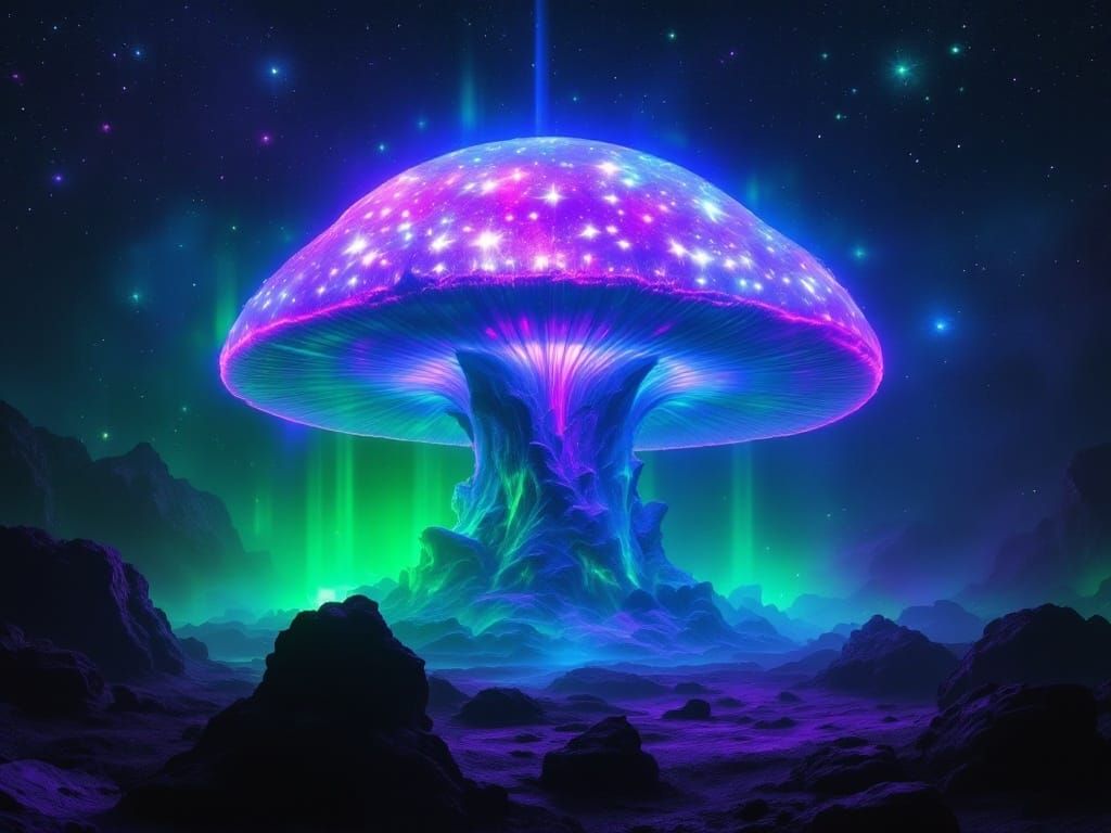 Ethereal Cosmic Mushroom Galaxy Radiates Teal and Purple Lig...
