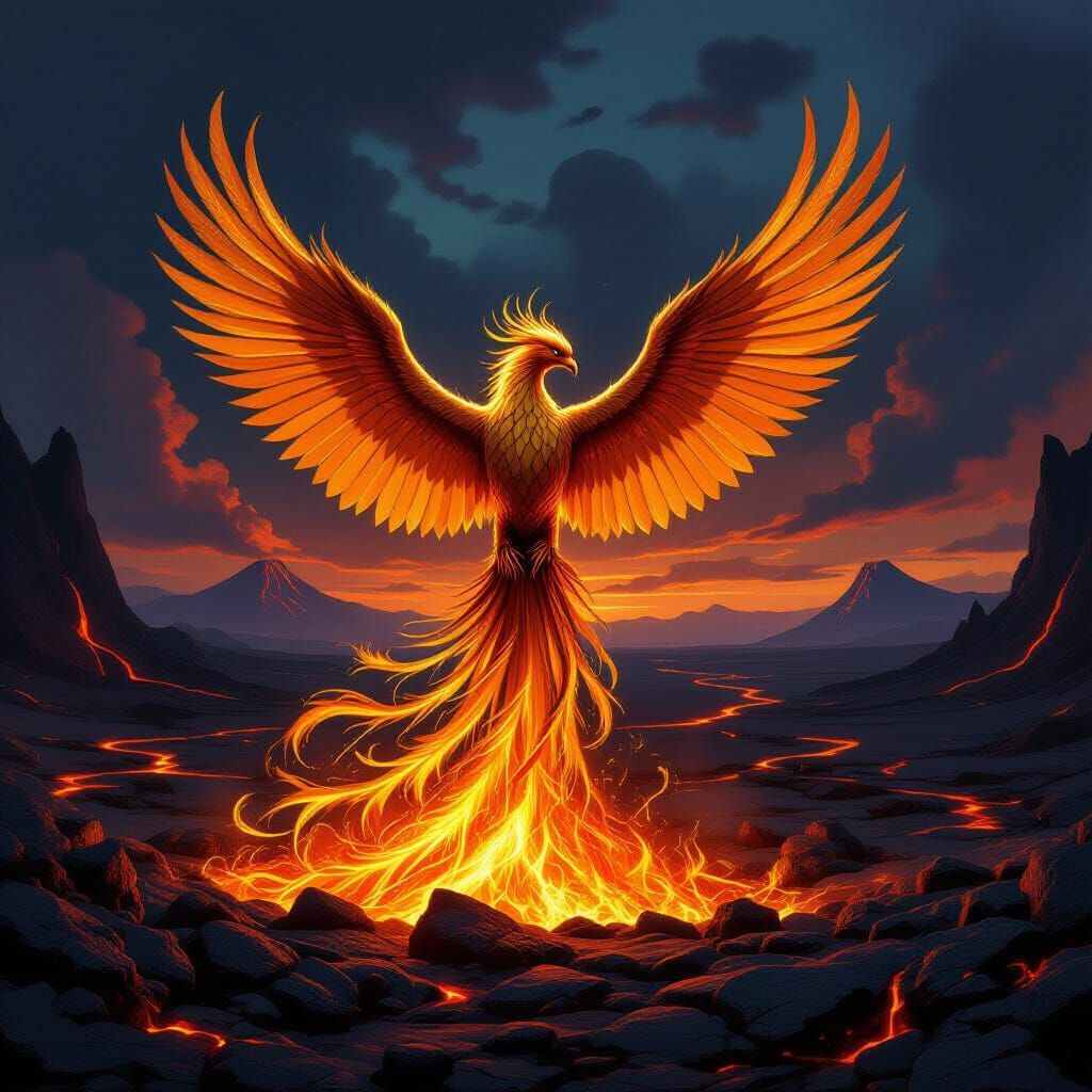 Majestic Phoenix Rises from Embers in Volcanic Wasteland