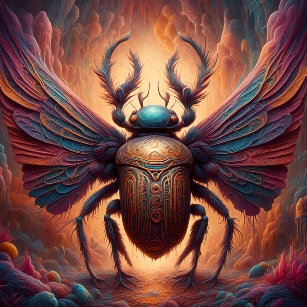 Mystical Egyptian Scarab with Pyramids in Ancient Art Style