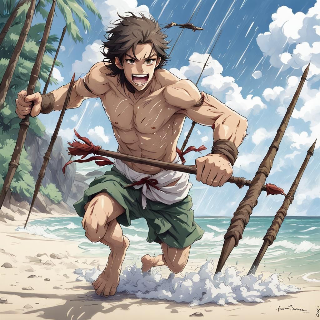 Castaway Under Attack: Anime Style Beach Scene