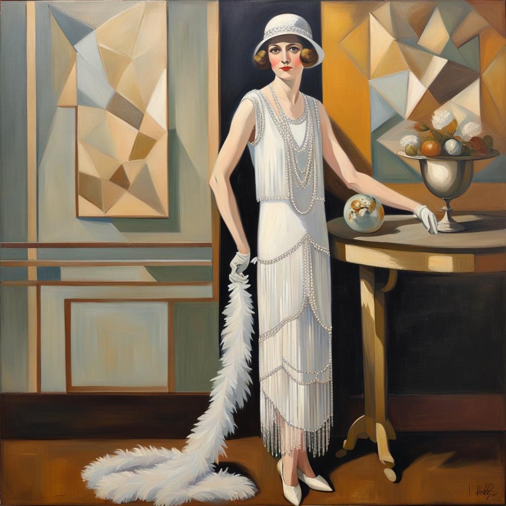Art Deco Flapper at the Ball: Oil Painting