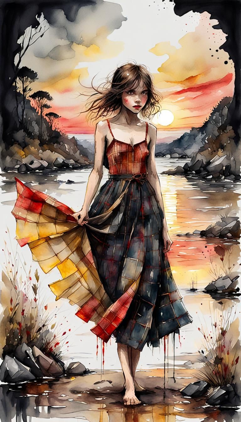 Watercolor Fairy Tale Girl at Sunset in Cubist Art Deco Styl...