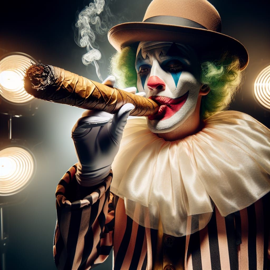 Eerie Clown Mime with Cigar in Horror Movie Scene