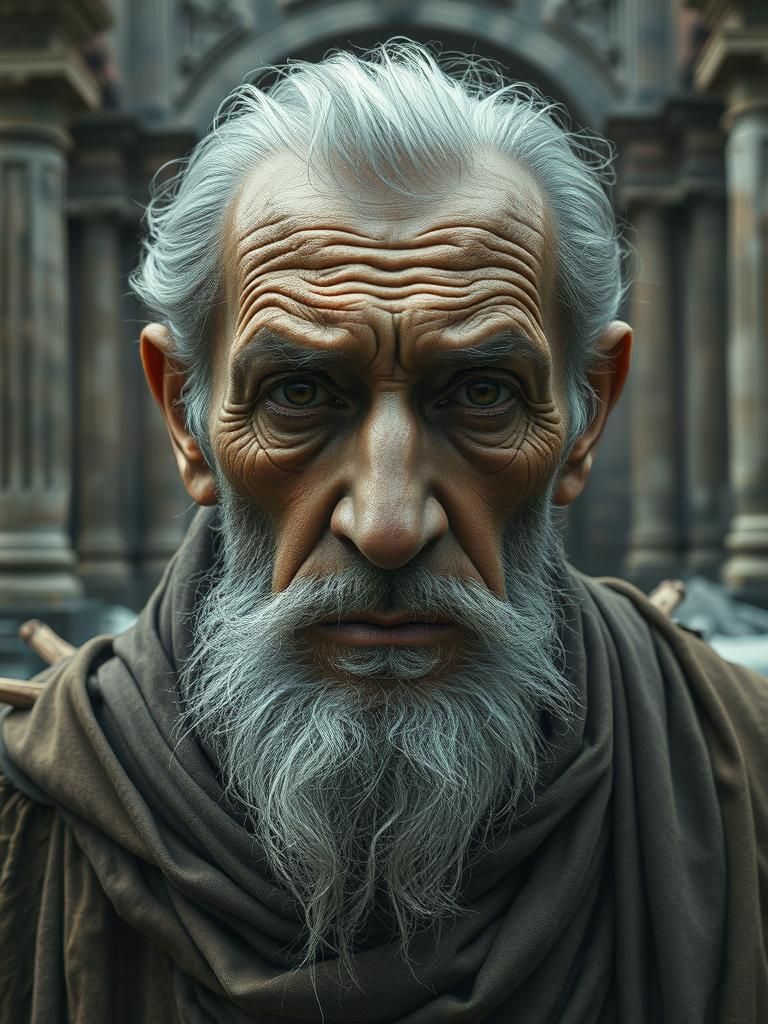 Mystical Elderly Man in Ruined City, Matte Painting