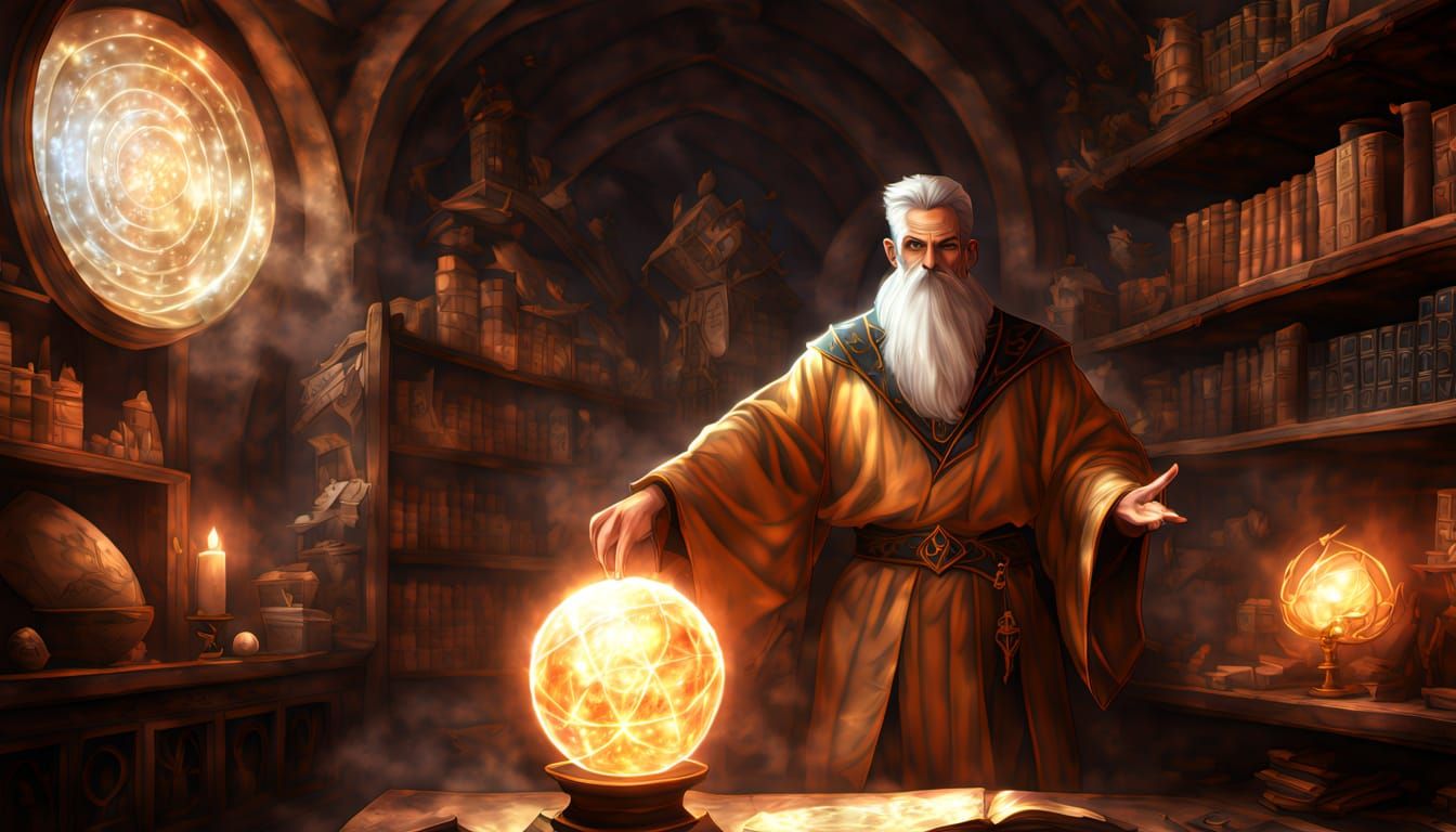 Wizard Performing Magic in Study - Fantasy Art