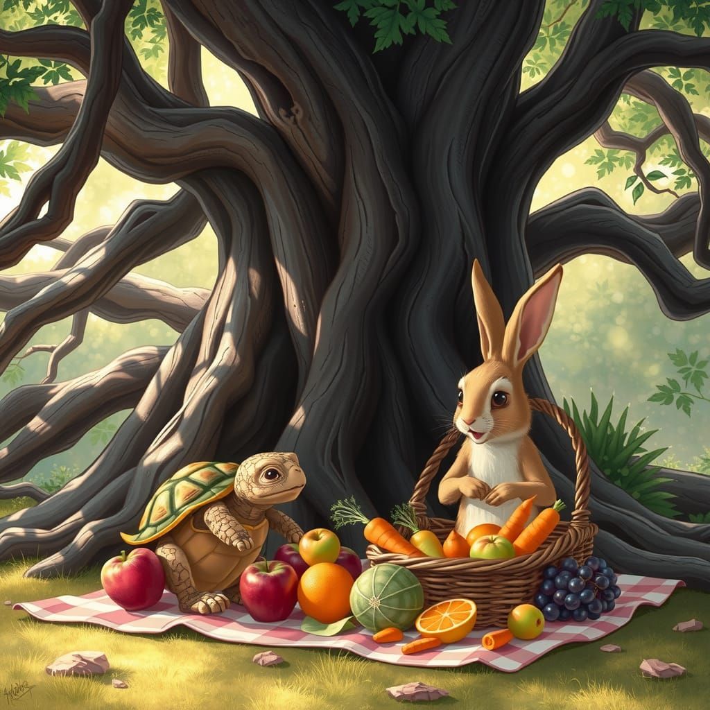 Tortoise and Rabbit Picnic in Dreamlike Style