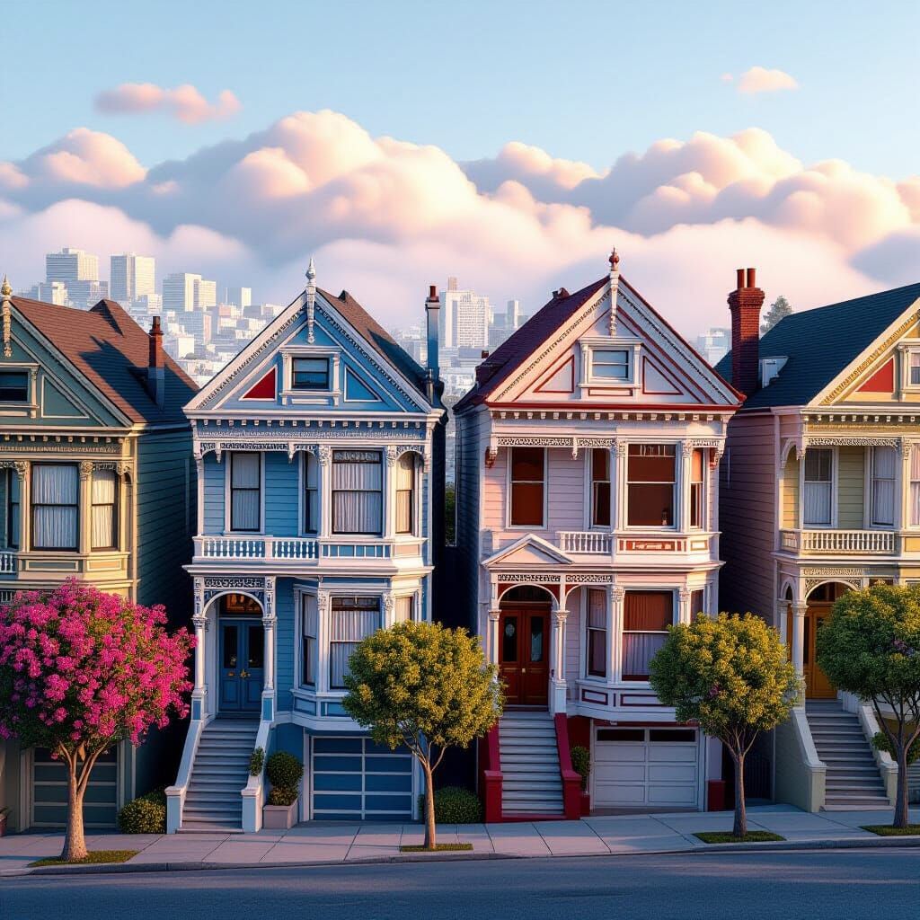 San Francisco Victorian Houses in Golden Hour Lighting
