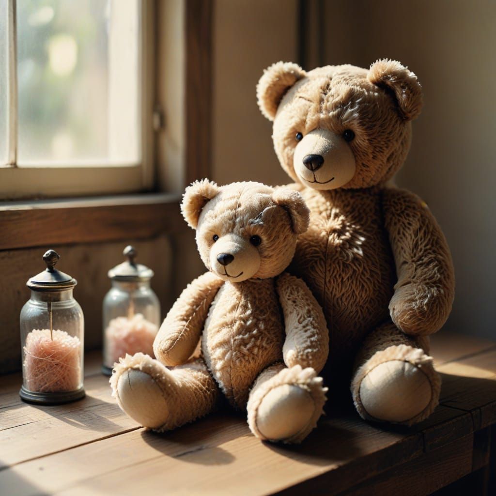 Cozy Vintage Still Life with Teddy Bear and Doll