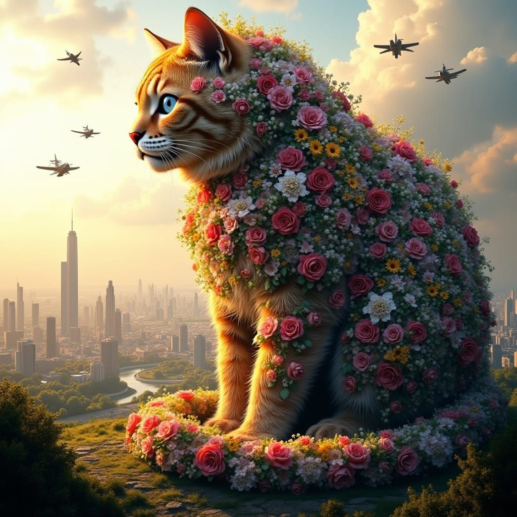 Gigantic Feline Guardian in Vibrant Floral Cityscape
