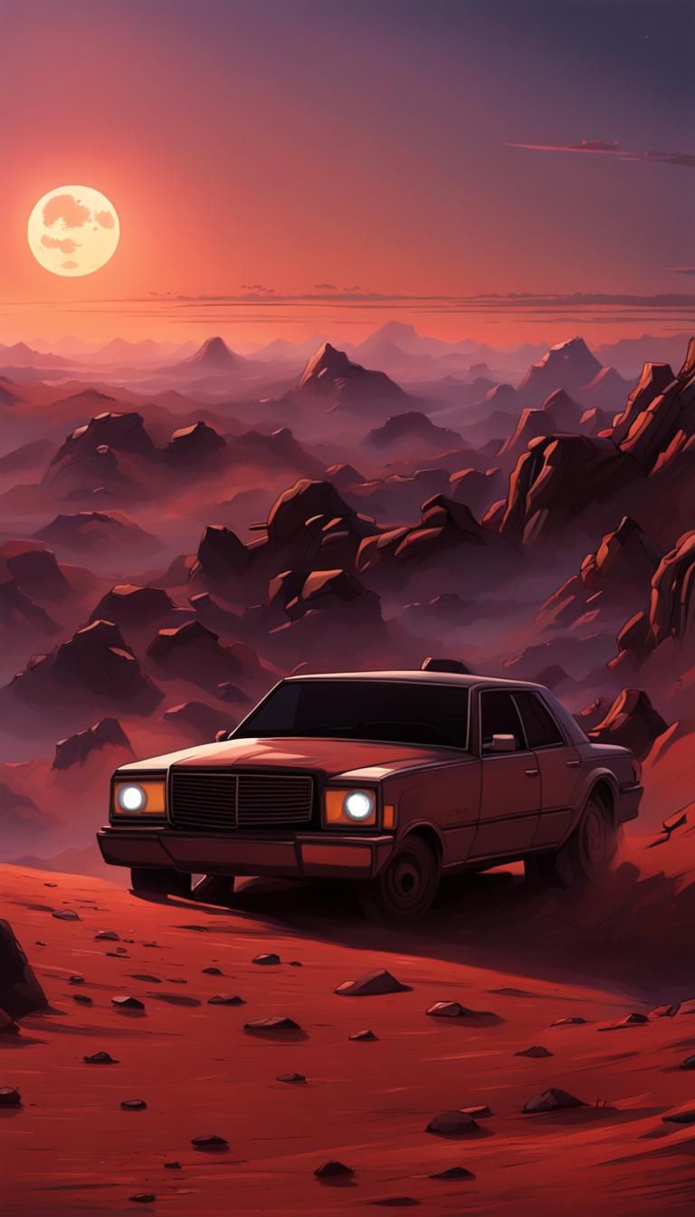 Futuristic Car Race at Sunset Under Two Moons