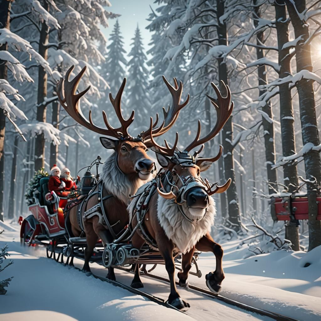 Santa Rides Reindeer Sleigh in Futuristic Winter Forest