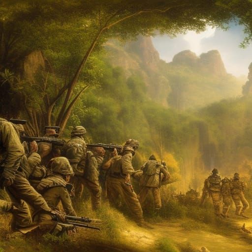 American Soldiers Trekking Through Jungle, Detailed Matte Pa...